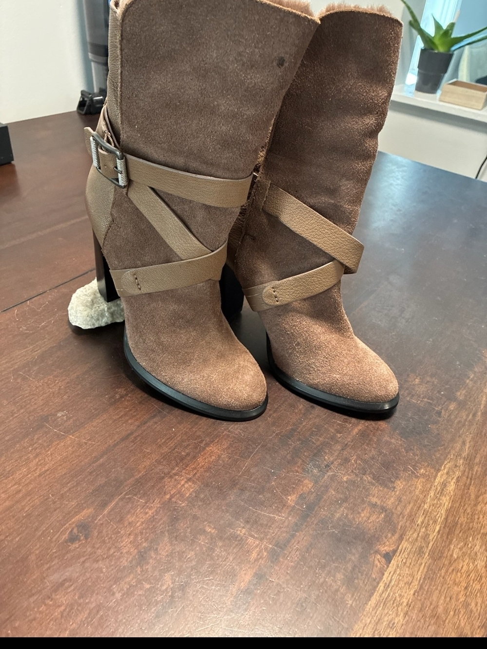 Calvin Klein Jeans Brown Suede Tanya Mid-Calf Heeled Boots with Strap Accent